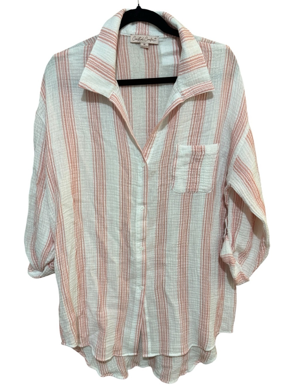 Coastal Comfort Pink Striped Gauze Button Down Shirt Coverup Medium Boho